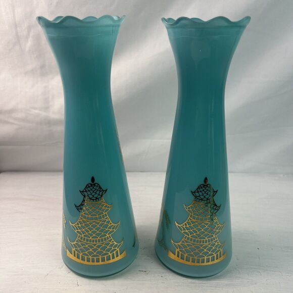 Pair Vintage Bartlett Collins Atomic Age Glass 9" Vase Blue Gold Asian Pagoda - Picture 4 of 7